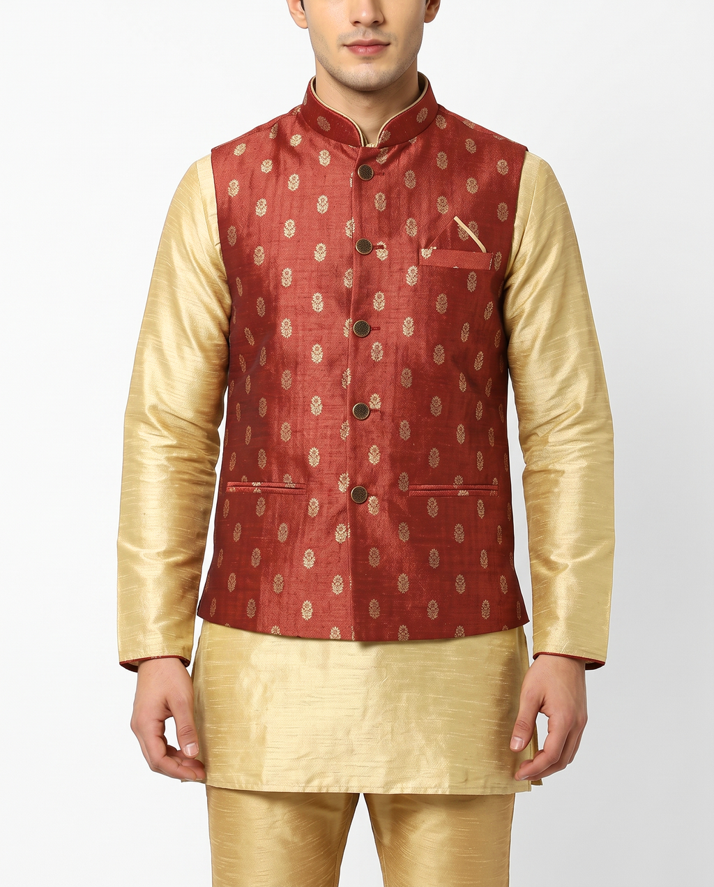 Men's Rust Red Nehru Jacket & Golden Kurta Set