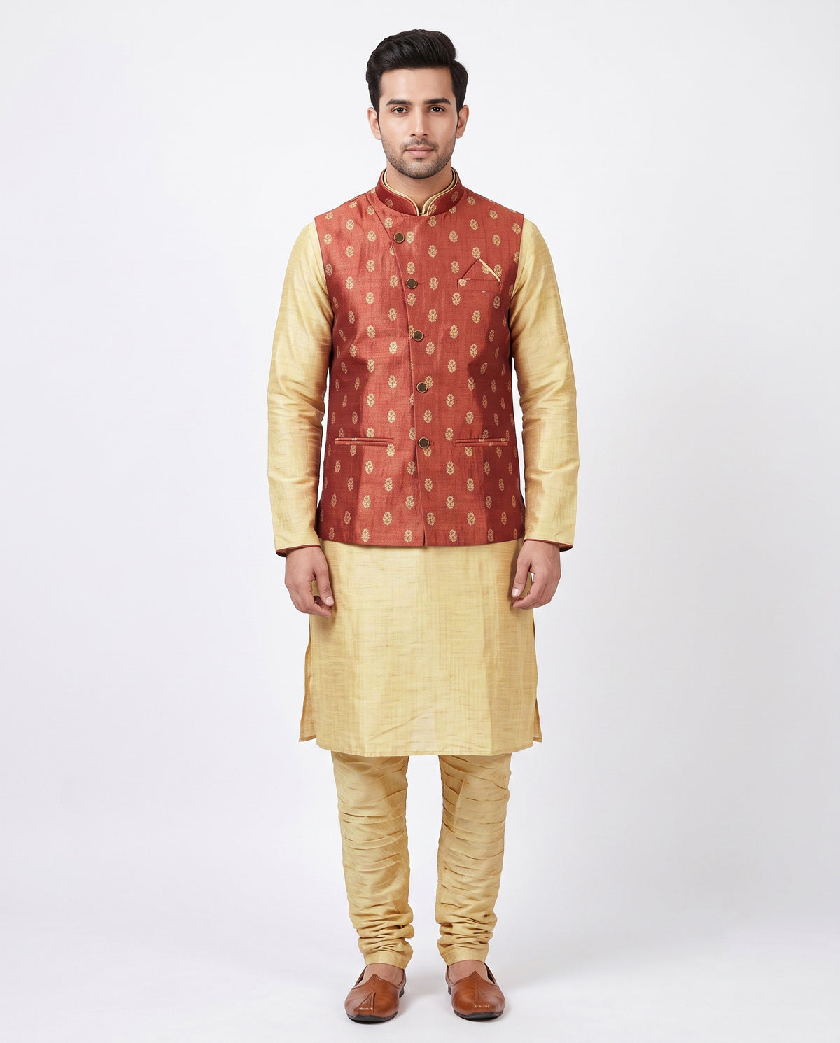 Men's Rust Red Nehru Jacket & Golden Kurta Set
