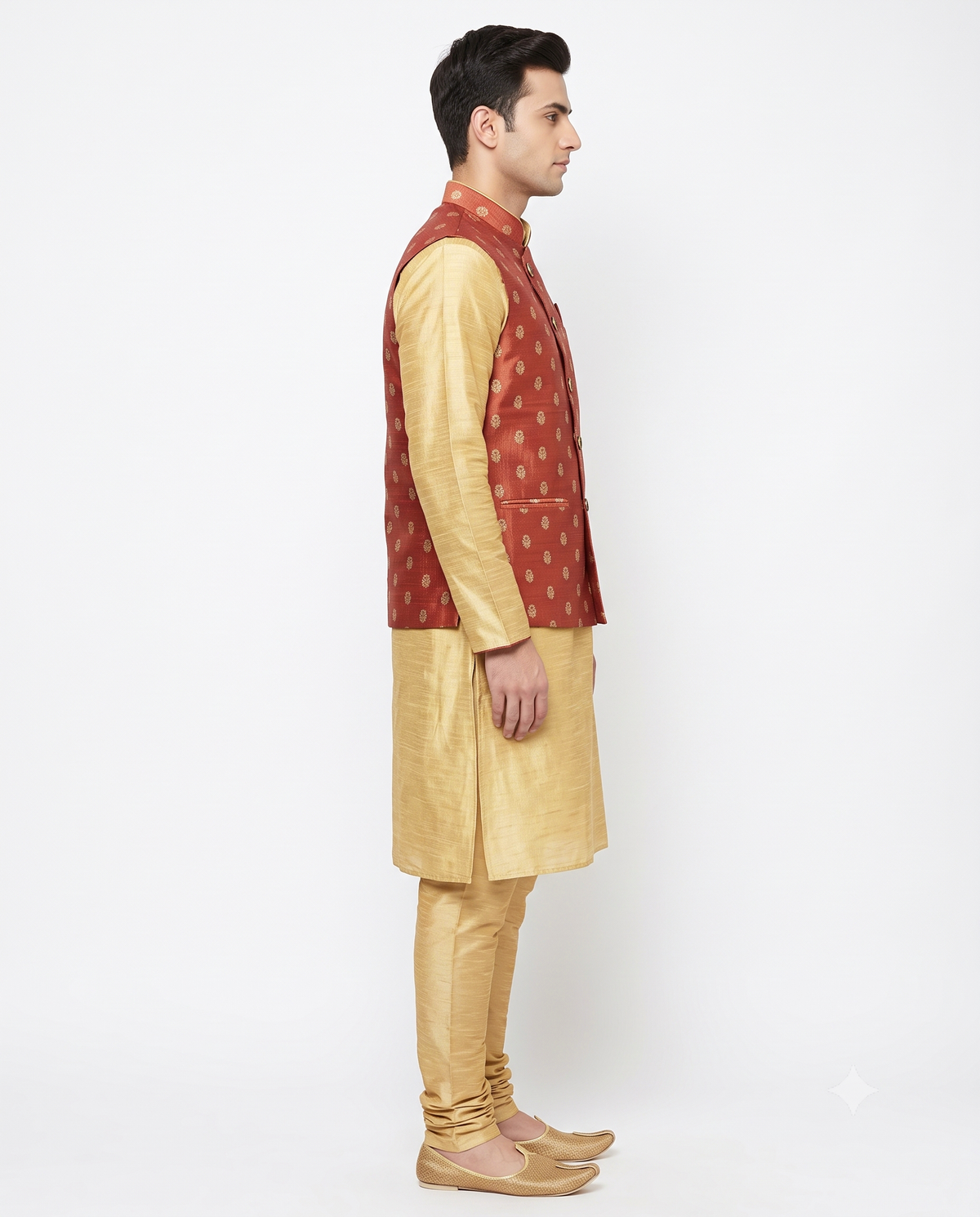 Men's Rust Red Nehru Jacket & Golden Kurta Set