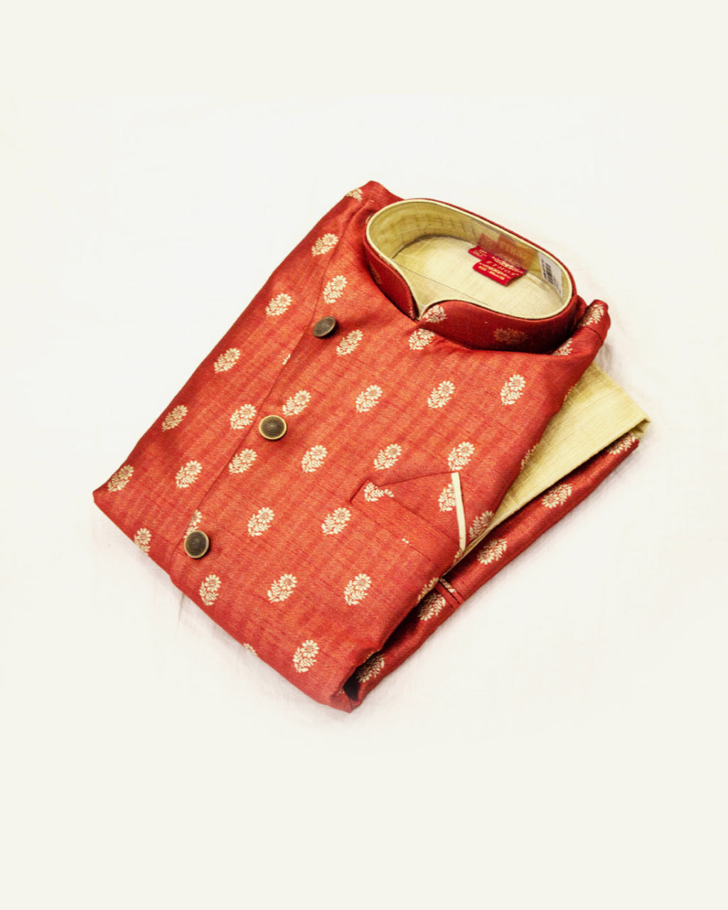 Men's Rust Red Nehru Jacket & Golden Kurta Set