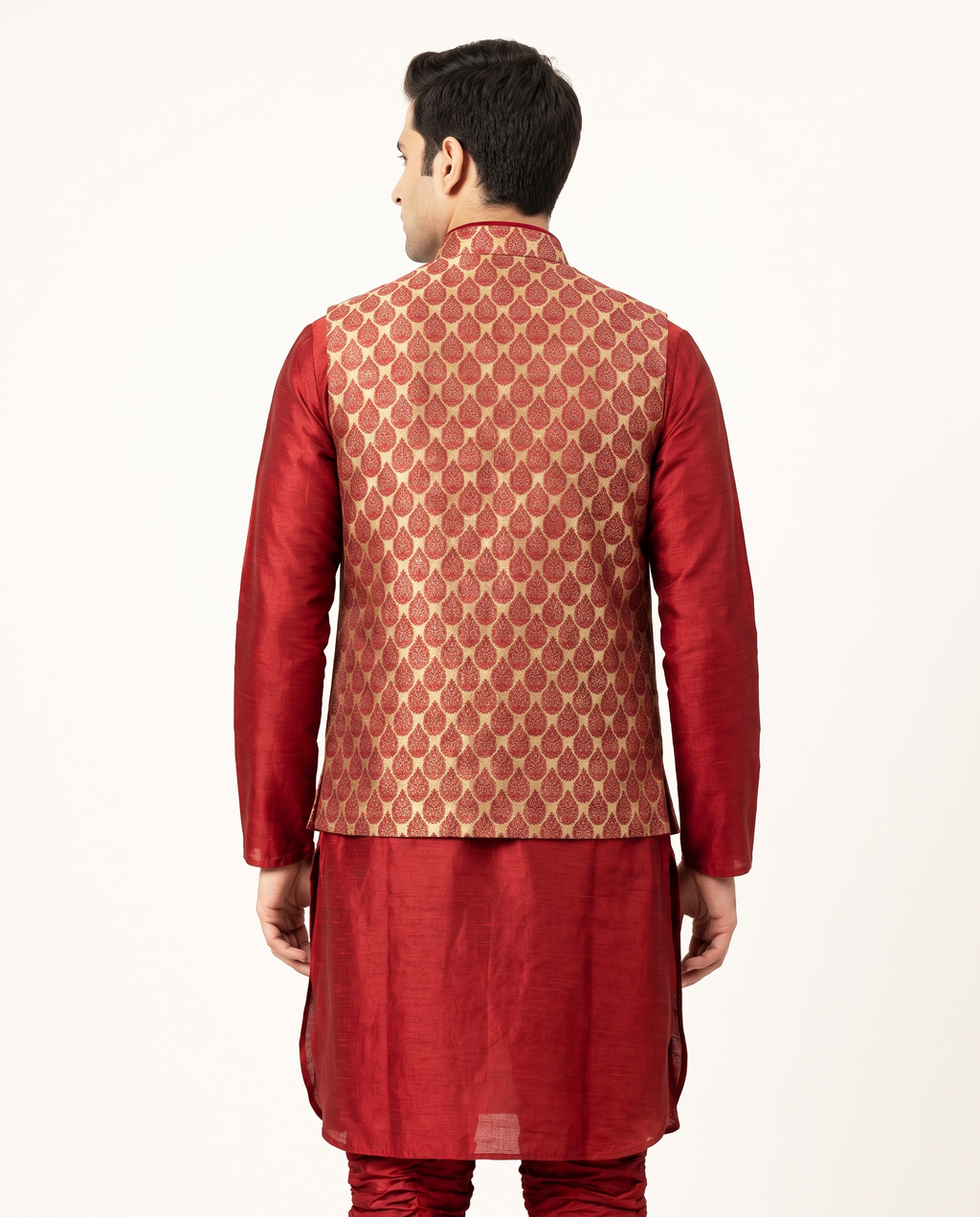 Men's Maroon & Gold Woven Nehru Jacket Kurta Set