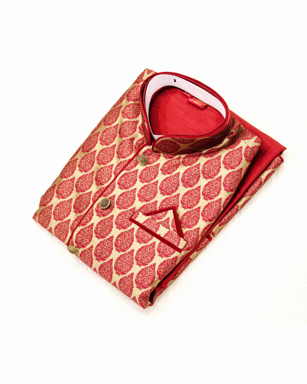 Men's Maroon & Gold Woven Nehru Jacket Kurta Set