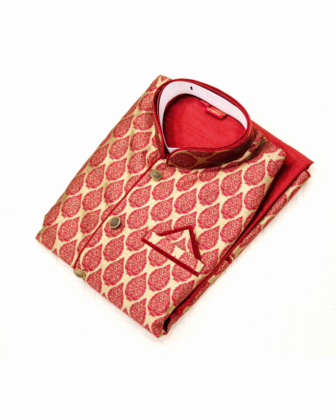 Men's Maroon & Gold Woven Nehru Jacket Kurta Set
