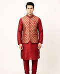 Men's Maroon & Gold Woven Nehru Jacket Kurta Set