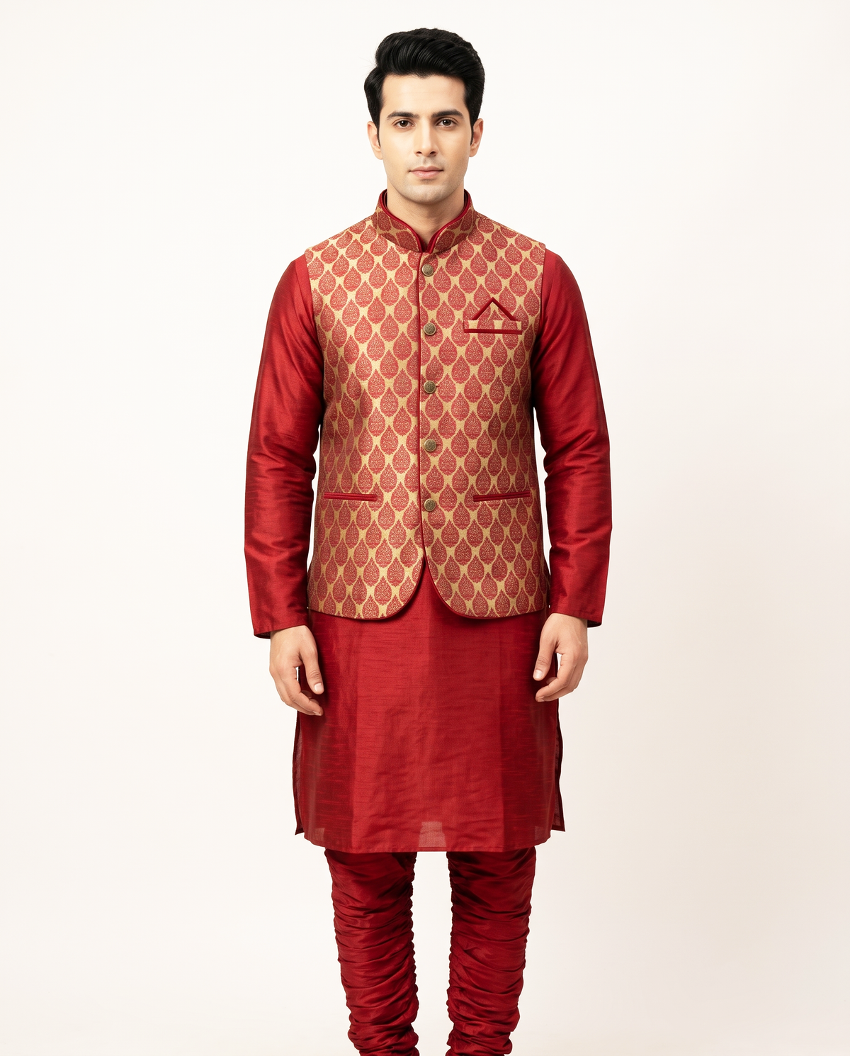 Men's Maroon & Gold Woven Nehru Jacket Kurta Set