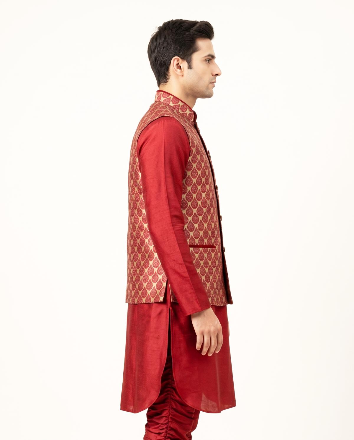 Men's Maroon & Gold Woven Nehru Jacket Kurta Set