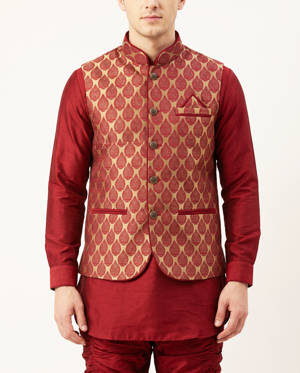 Men's Maroon & Gold Woven Nehru Jacket Kurta Set