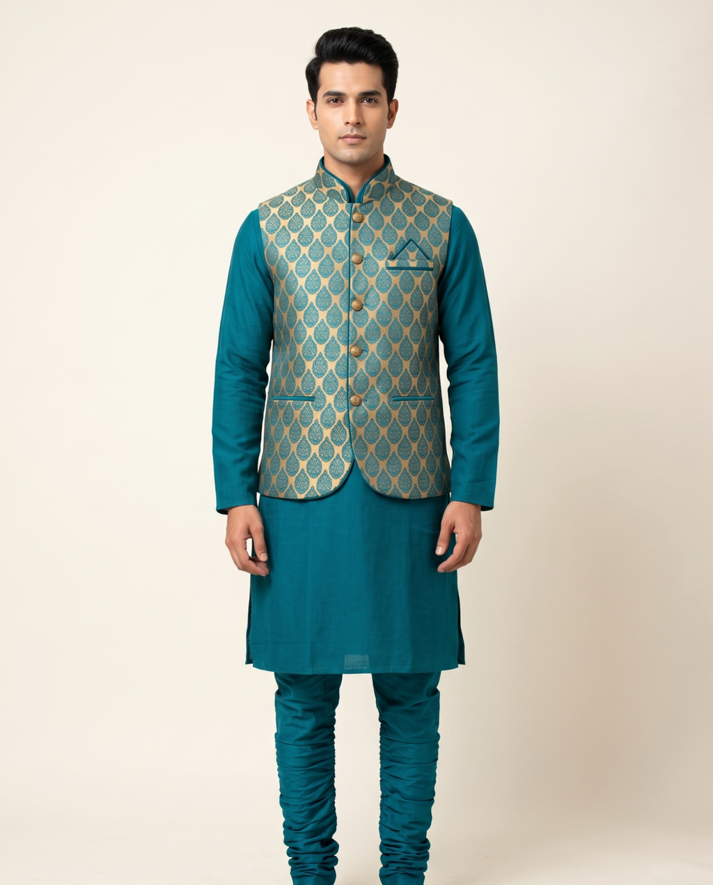 Men's Teal & Gold Woven Nehru Jacket Kurta Set