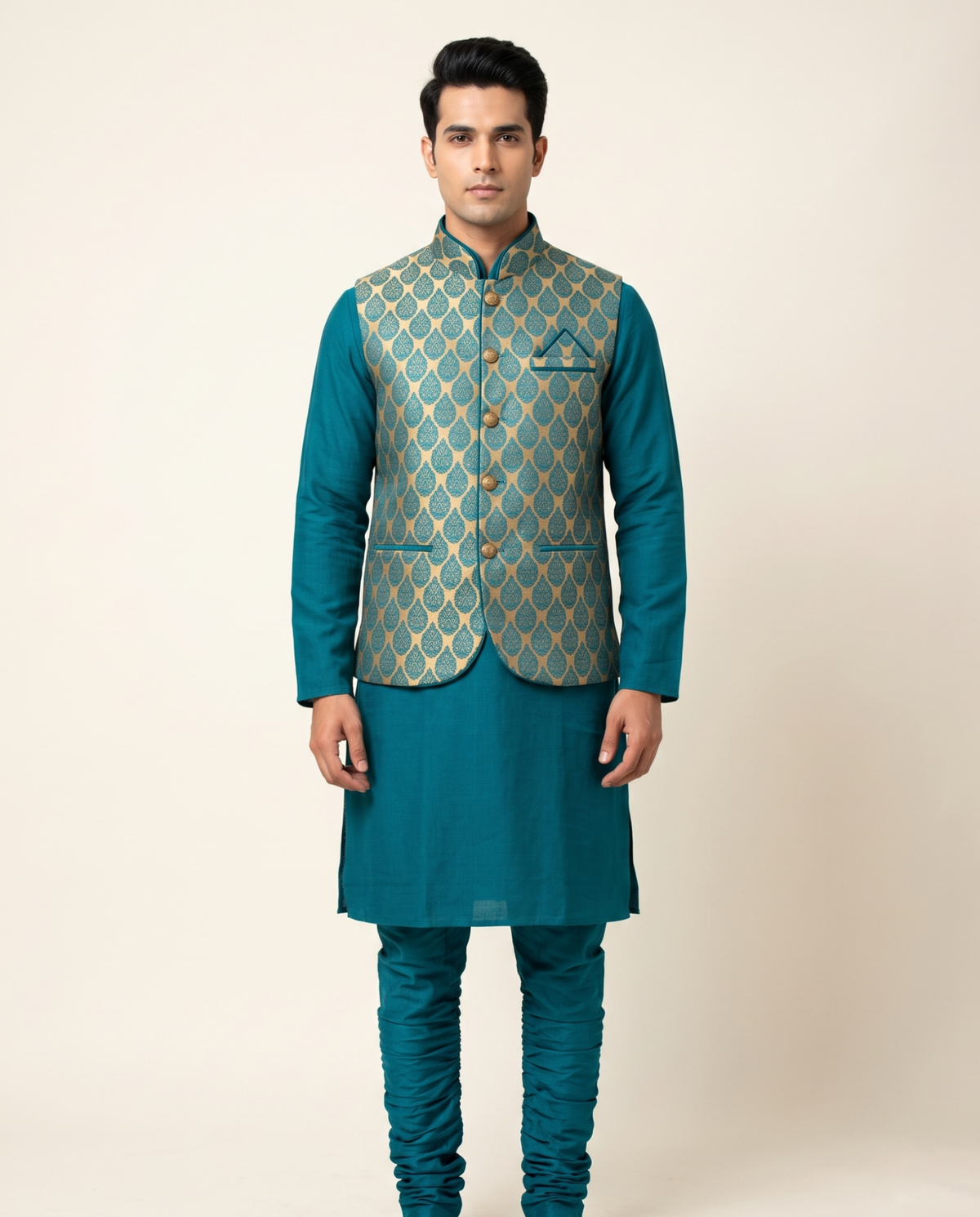 Men's Teal & Gold Woven Nehru Jacket Kurta Set