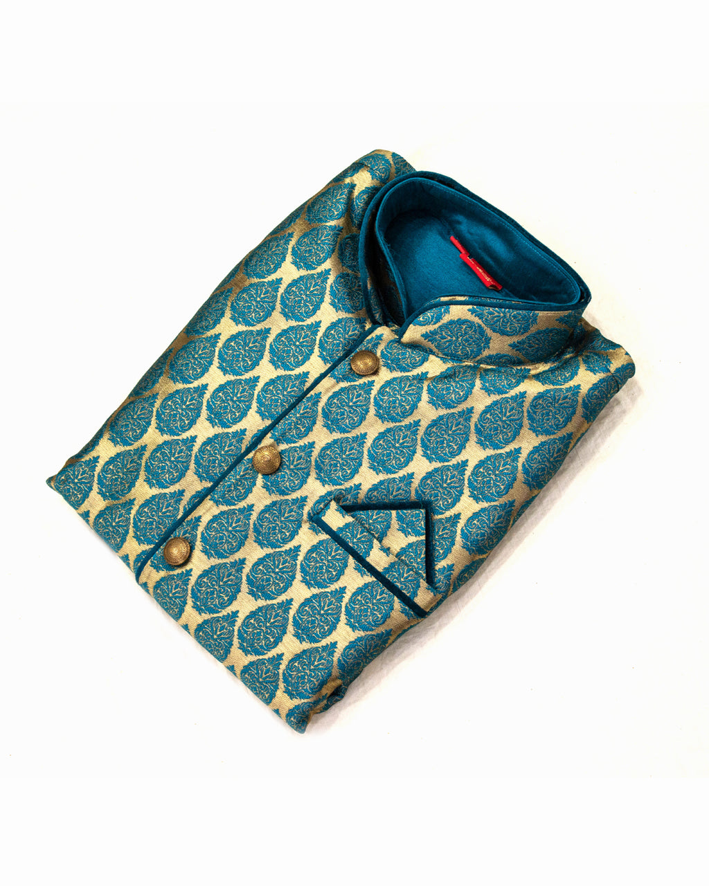 Men's Teal & Gold Woven Nehru Jacket Kurta Set