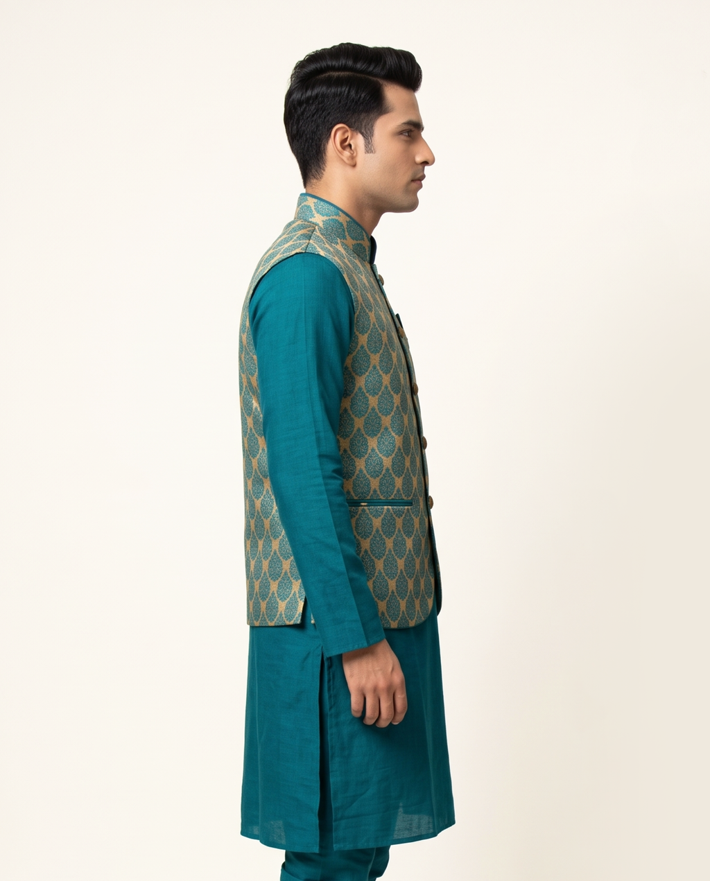 Men's Teal & Gold Woven Nehru Jacket Kurta Set