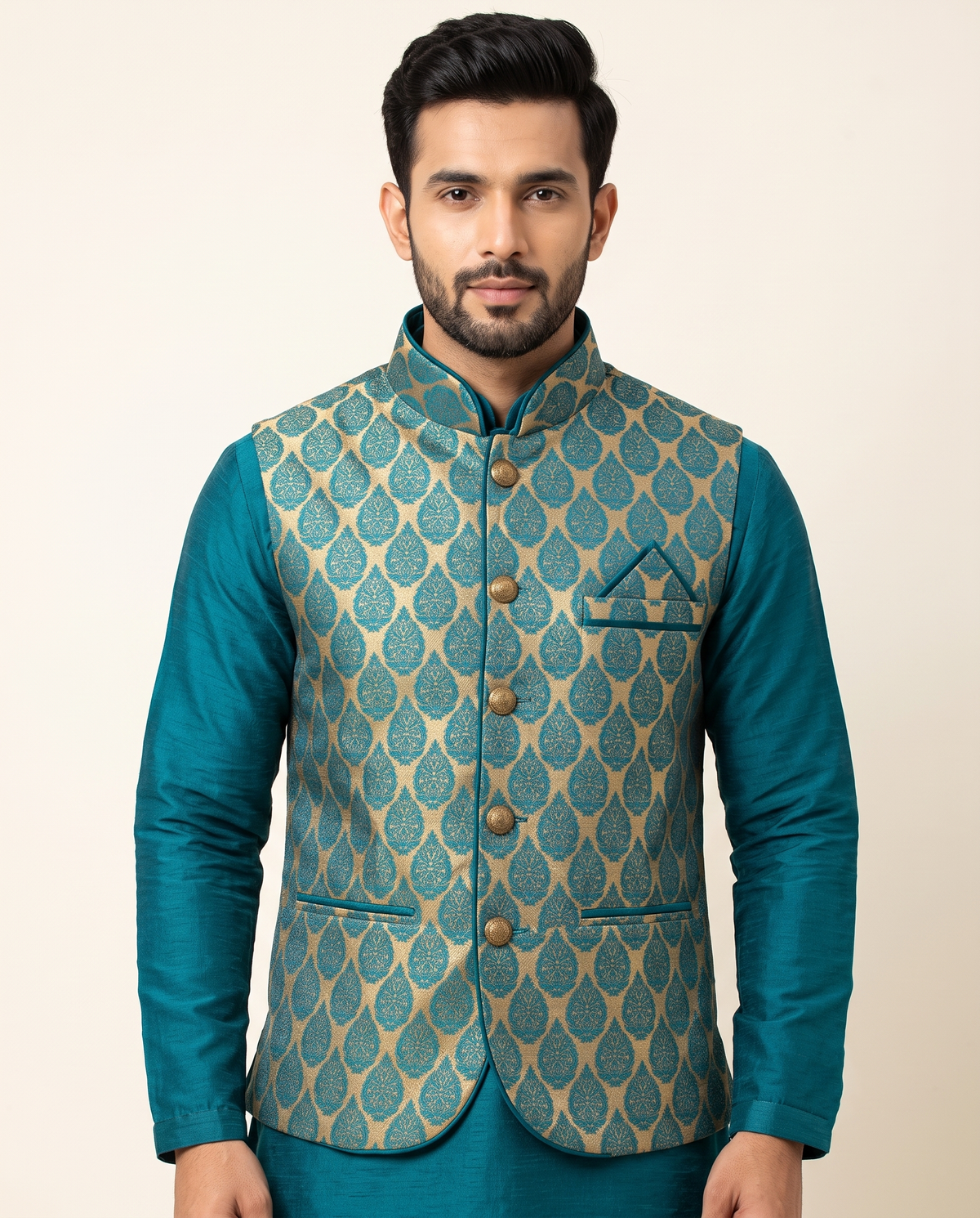Men's Teal & Gold Woven Nehru Jacket Kurta Set
