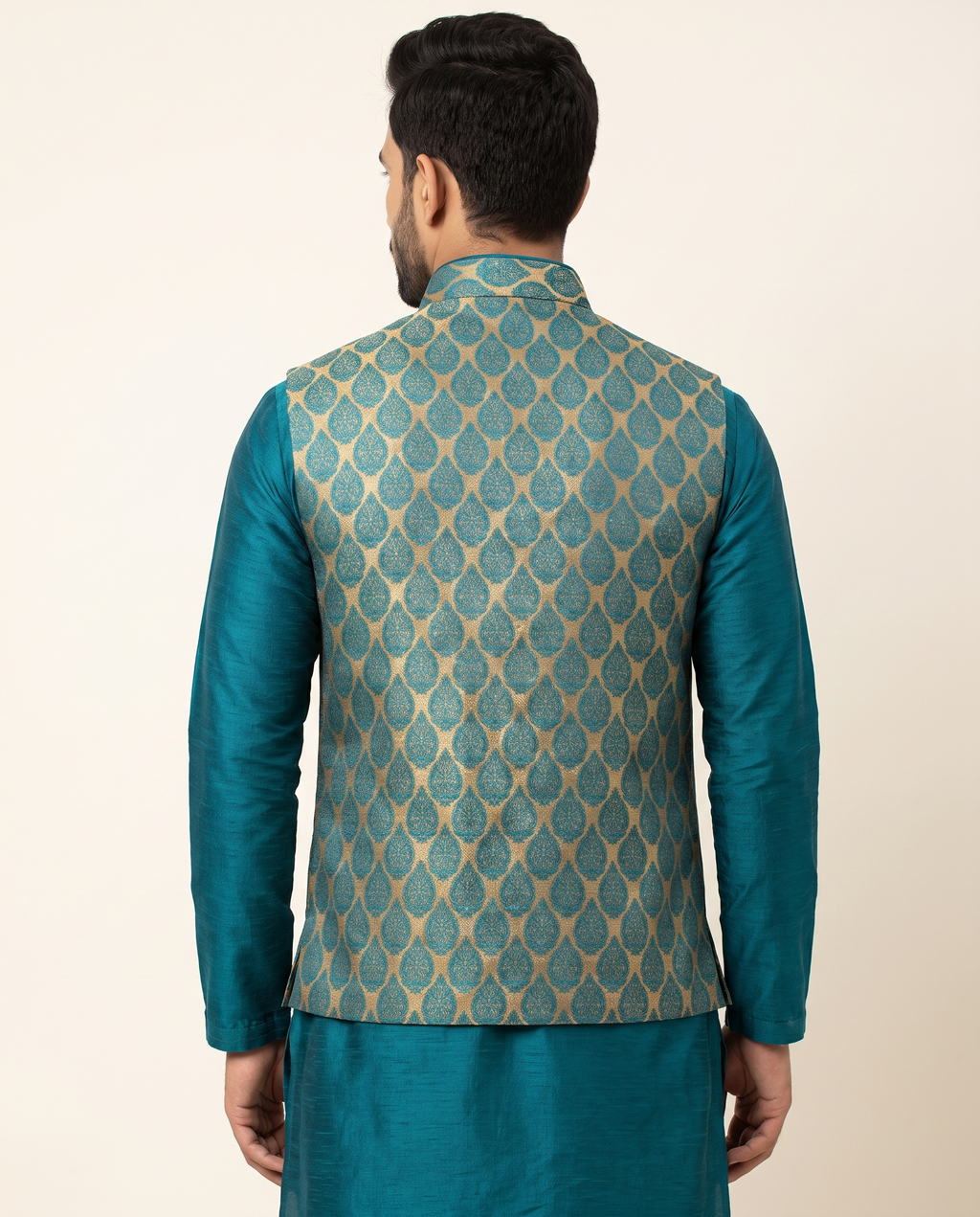 Men's Teal & Gold Woven Nehru Jacket Kurta Set