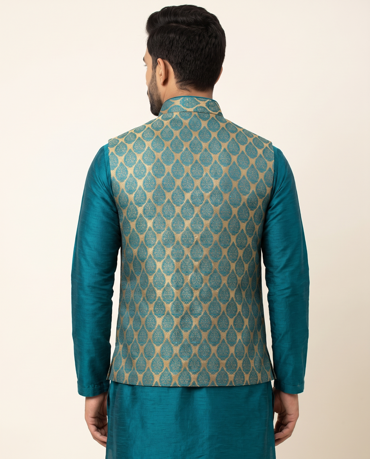 Men's Teal & Gold Woven Nehru Jacket Kurta Set
