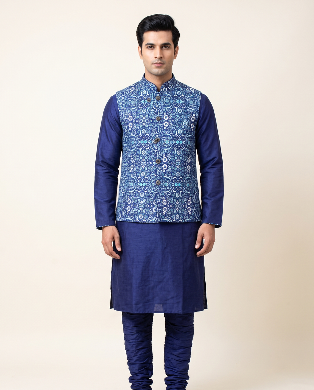 Men's Navy Blue Printed Nehru Jacket Kurta Set