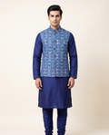Men's Navy Blue Printed Nehru Jacket Kurta Set