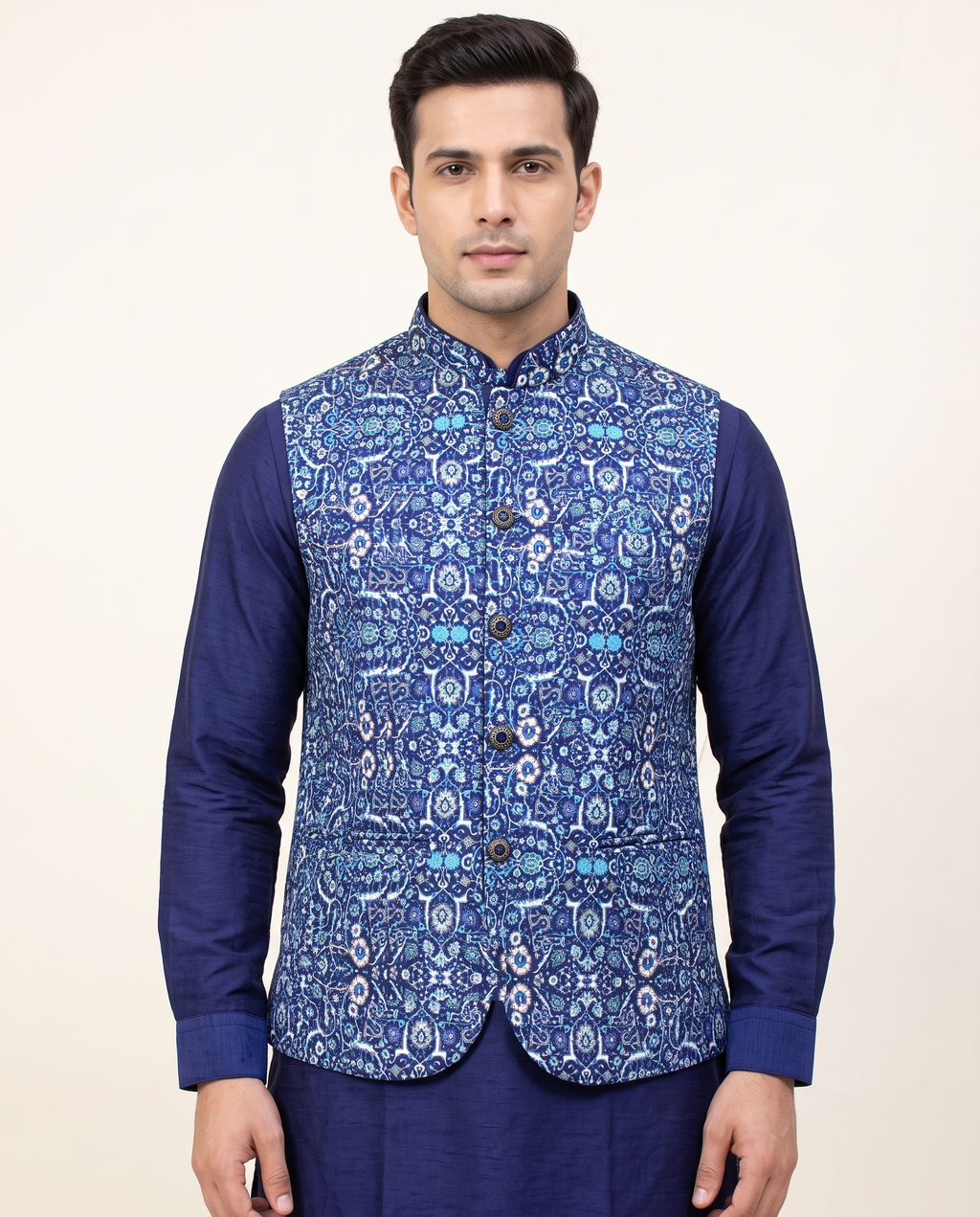 Men's Navy Blue Printed Nehru Jacket Kurta Set