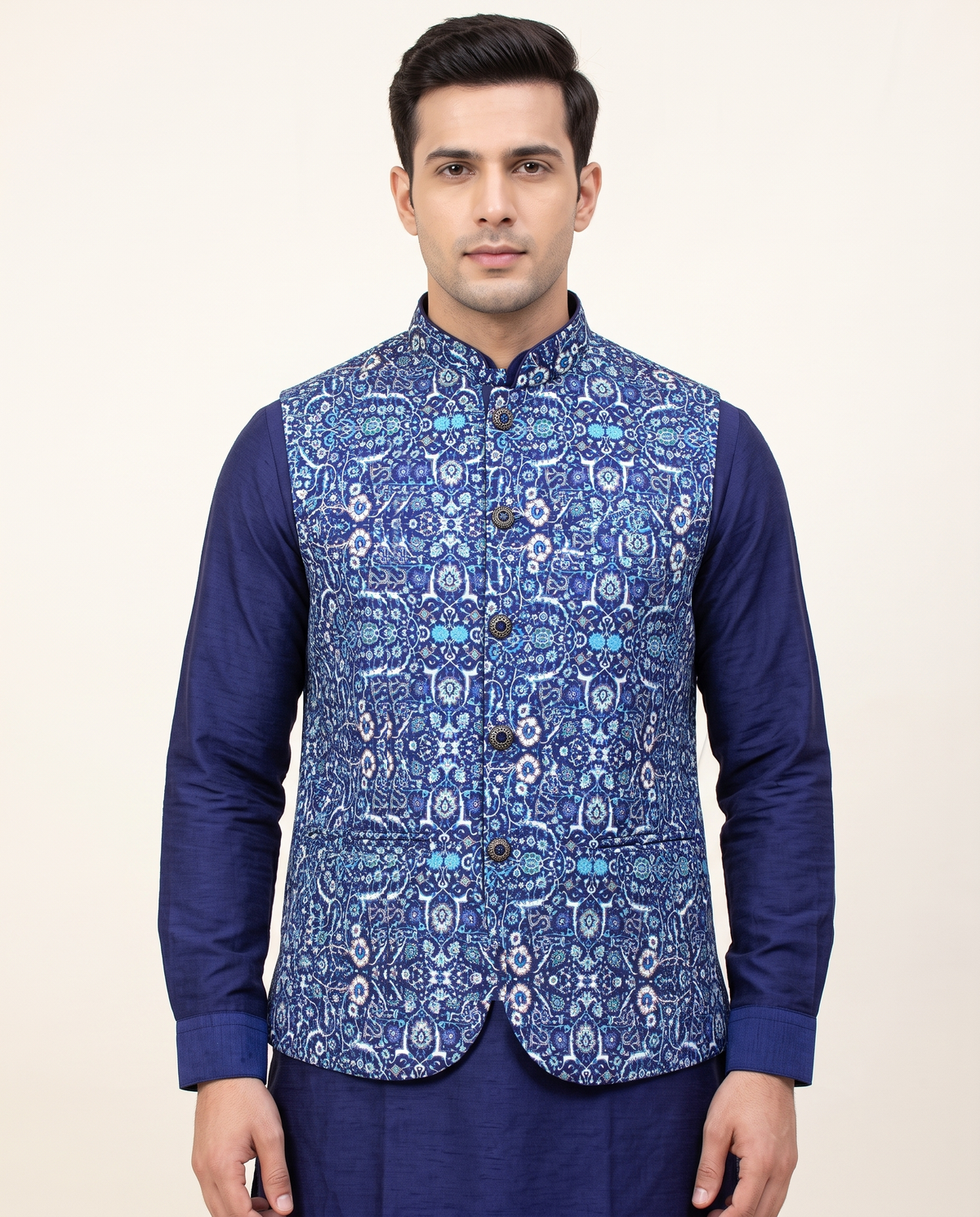 Men's Navy Blue Printed Nehru Jacket Kurta Set