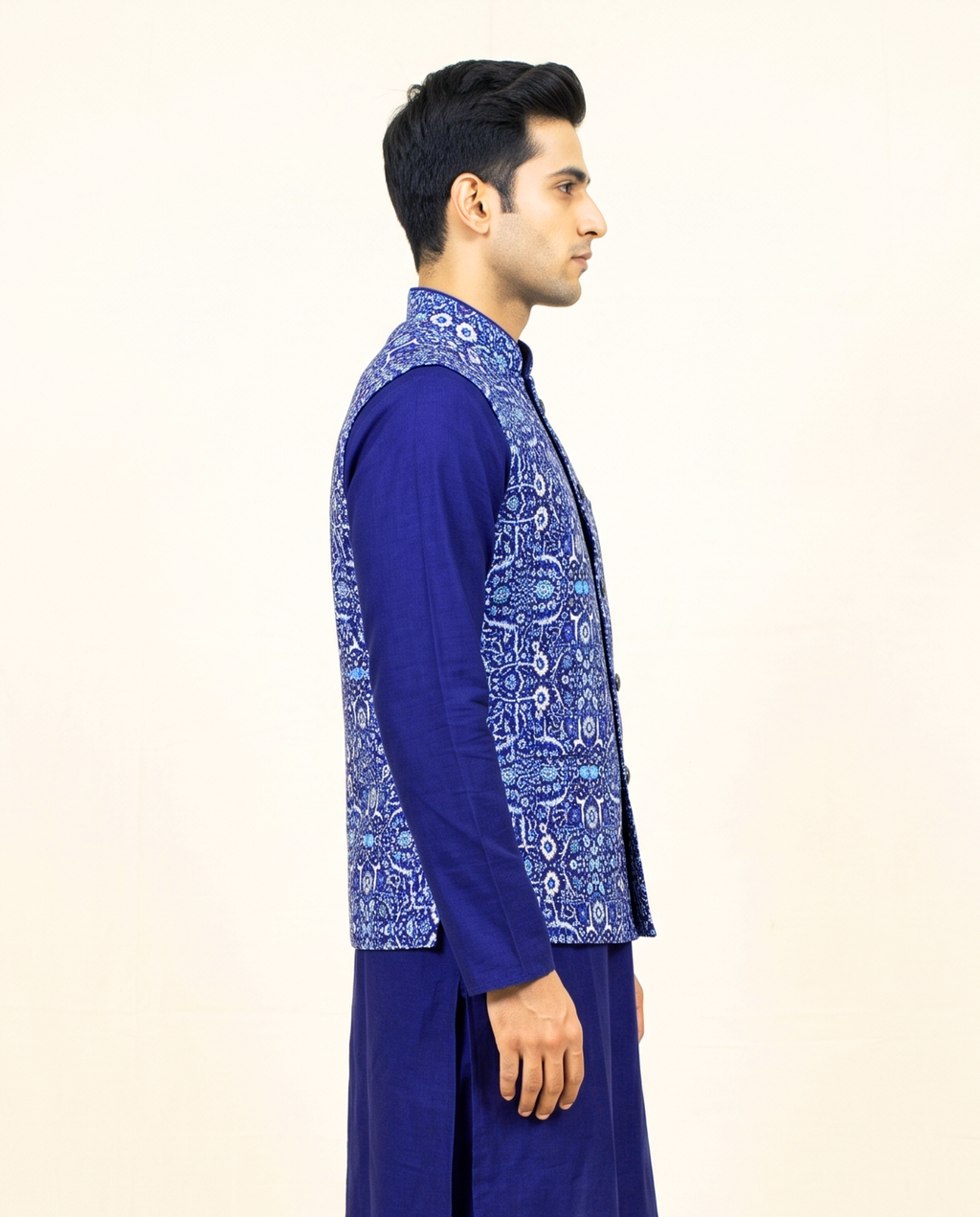 Men's Navy Blue Printed Nehru Jacket Kurta Set