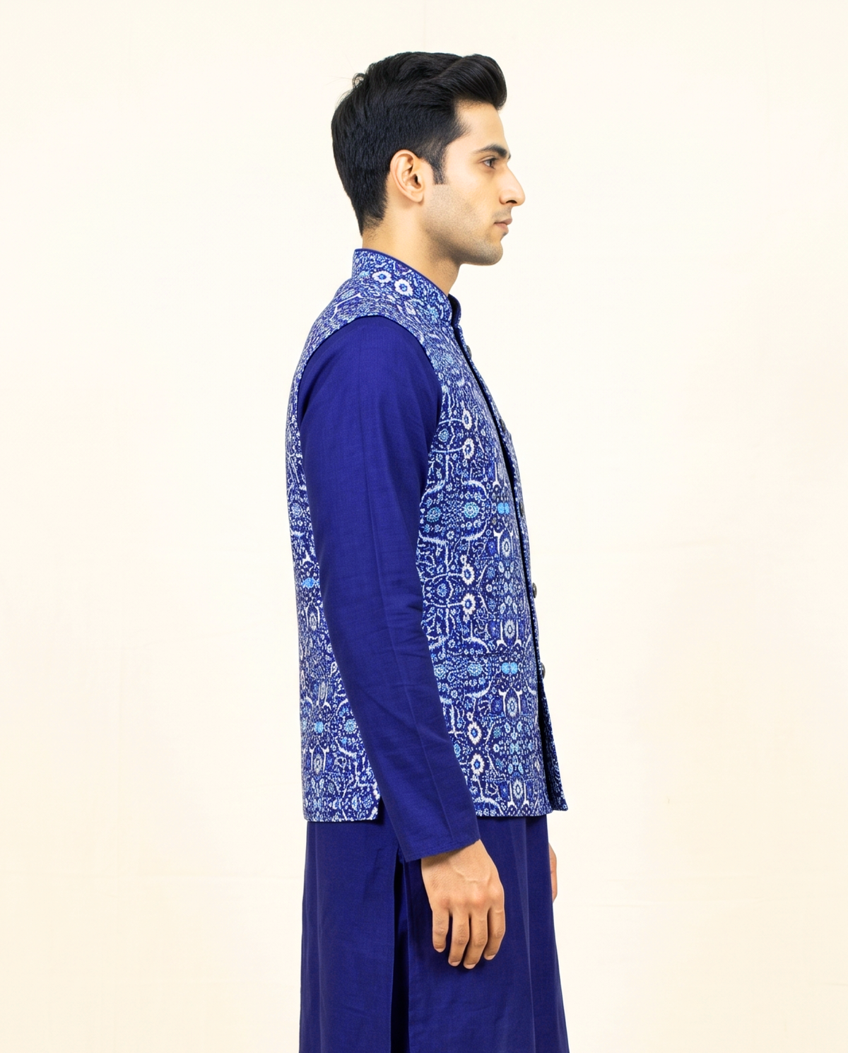 Men's Navy Blue Printed Nehru Jacket Kurta Set