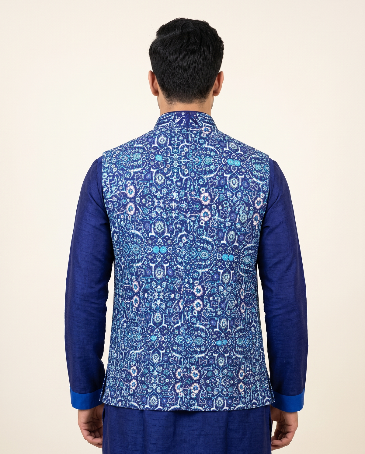 Men's Navy Blue Printed Nehru Jacket Kurta Set