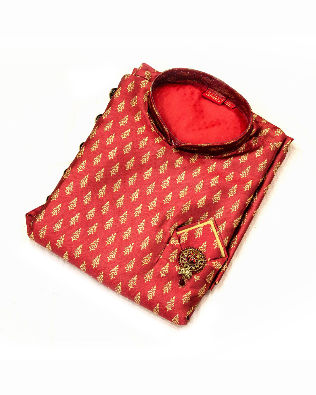 Men's Red & Gold Woven Booti Indo-Western Sherwani Set