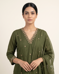 Women's Olive Green Crushed Organza Embroidered Kurta Set with Dupatta