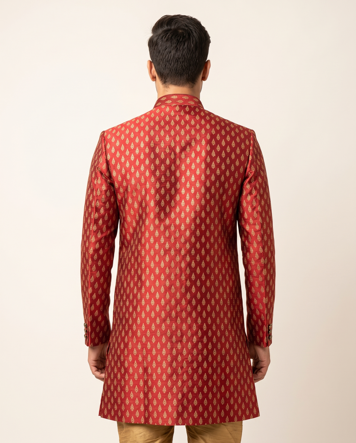 Men's Red & Gold Woven Booti Indo-Western Sherwani Set