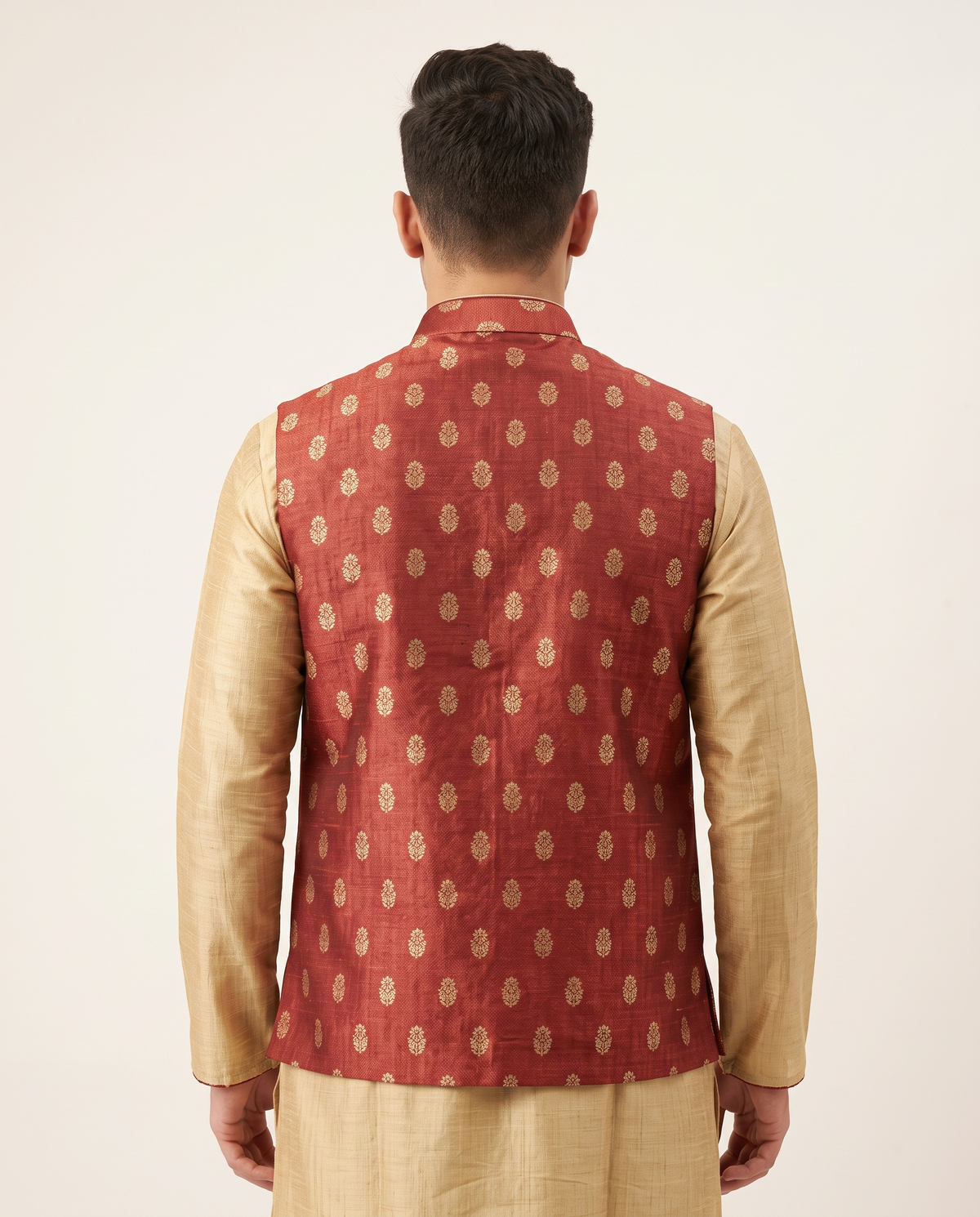 Men's Rust Red Nehru Jacket & Golden Kurta Set