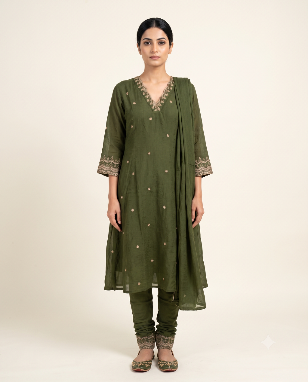 Women's Olive Green Crushed Organza Embroidered Kurta Set with Dupatta