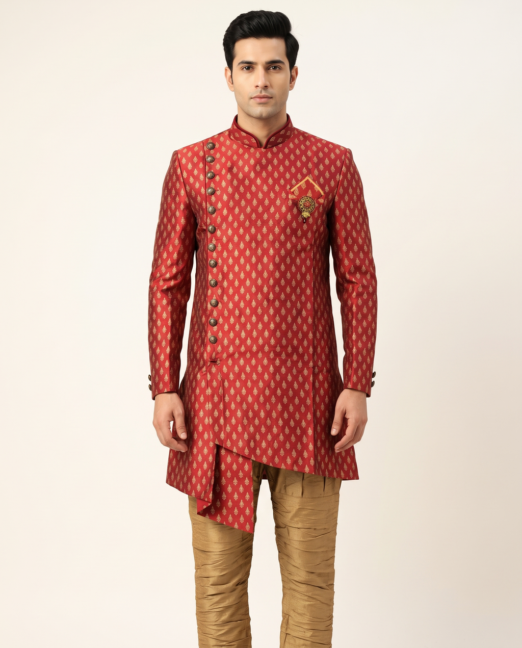 Men's Red & Gold Woven Booti Indo-Western Sherwani Set