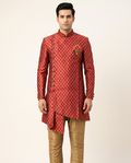 Men's Red & Gold Woven Booti Indo-Western Sherwani Set