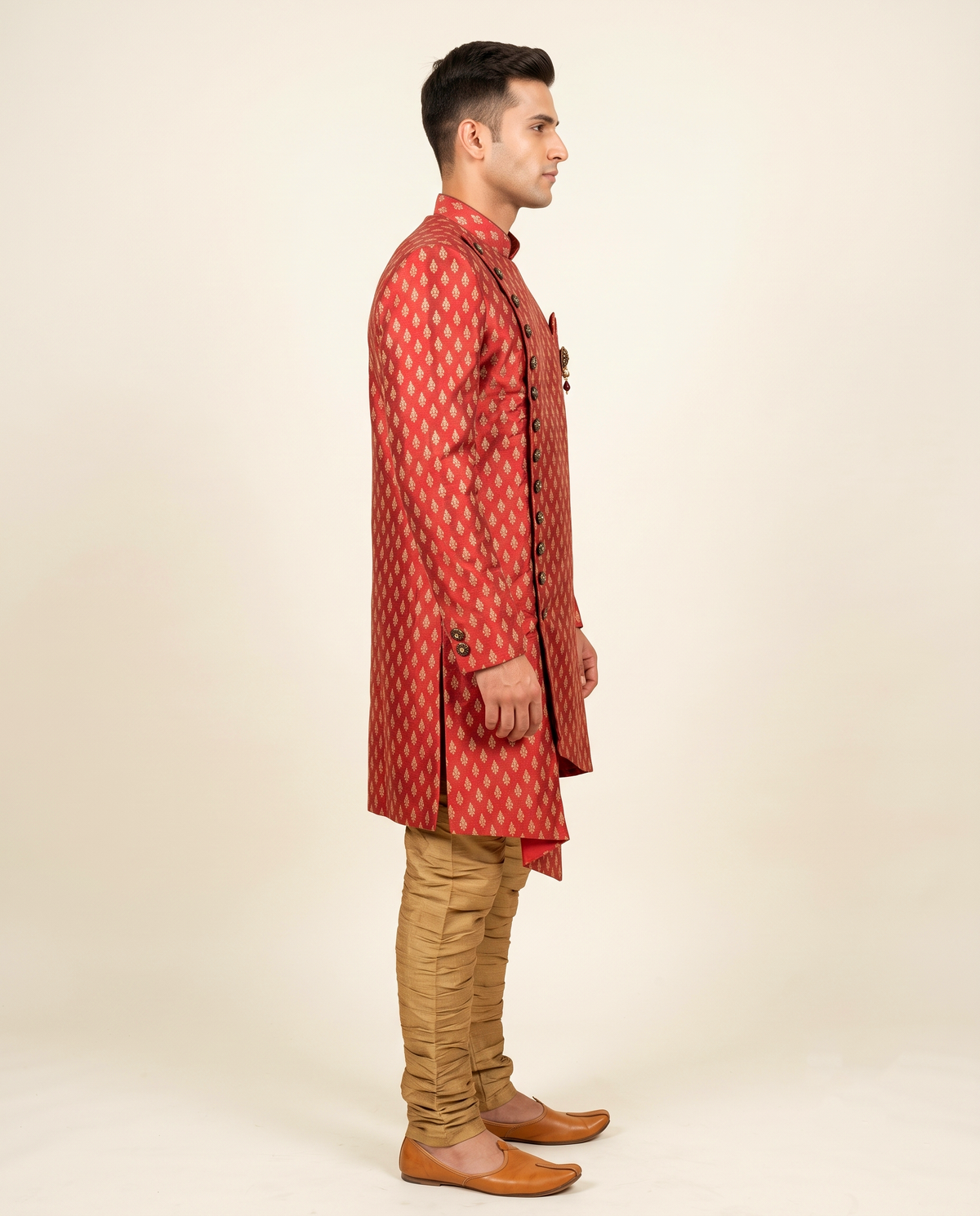 Men's Red & Gold Woven Booti Indo-Western Sherwani Set