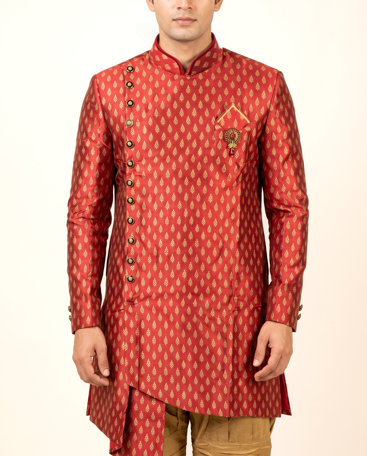 Men's Red & Gold Woven Booti Indo-Western Sherwani Set