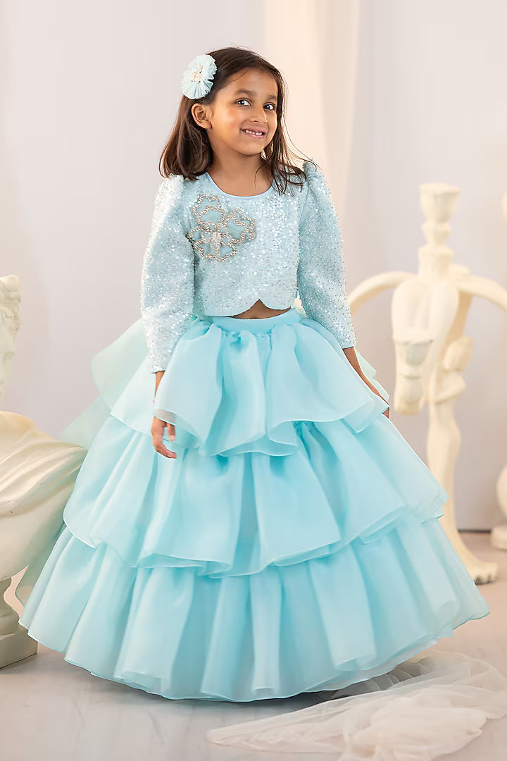 (Sample) Blue Organza Embroidered Lehenga Set For Girls