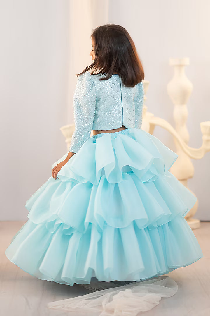 (Sample) Blue Organza Embroidered Lehenga Set For Girls