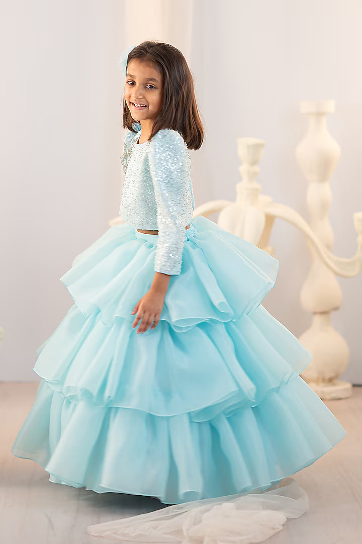 (Sample) Blue Organza Embroidered Lehenga Set For Girls