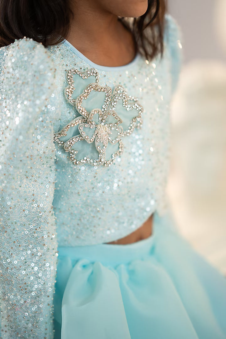 (Sample) Blue Organza Embroidered Lehenga Set For Girls