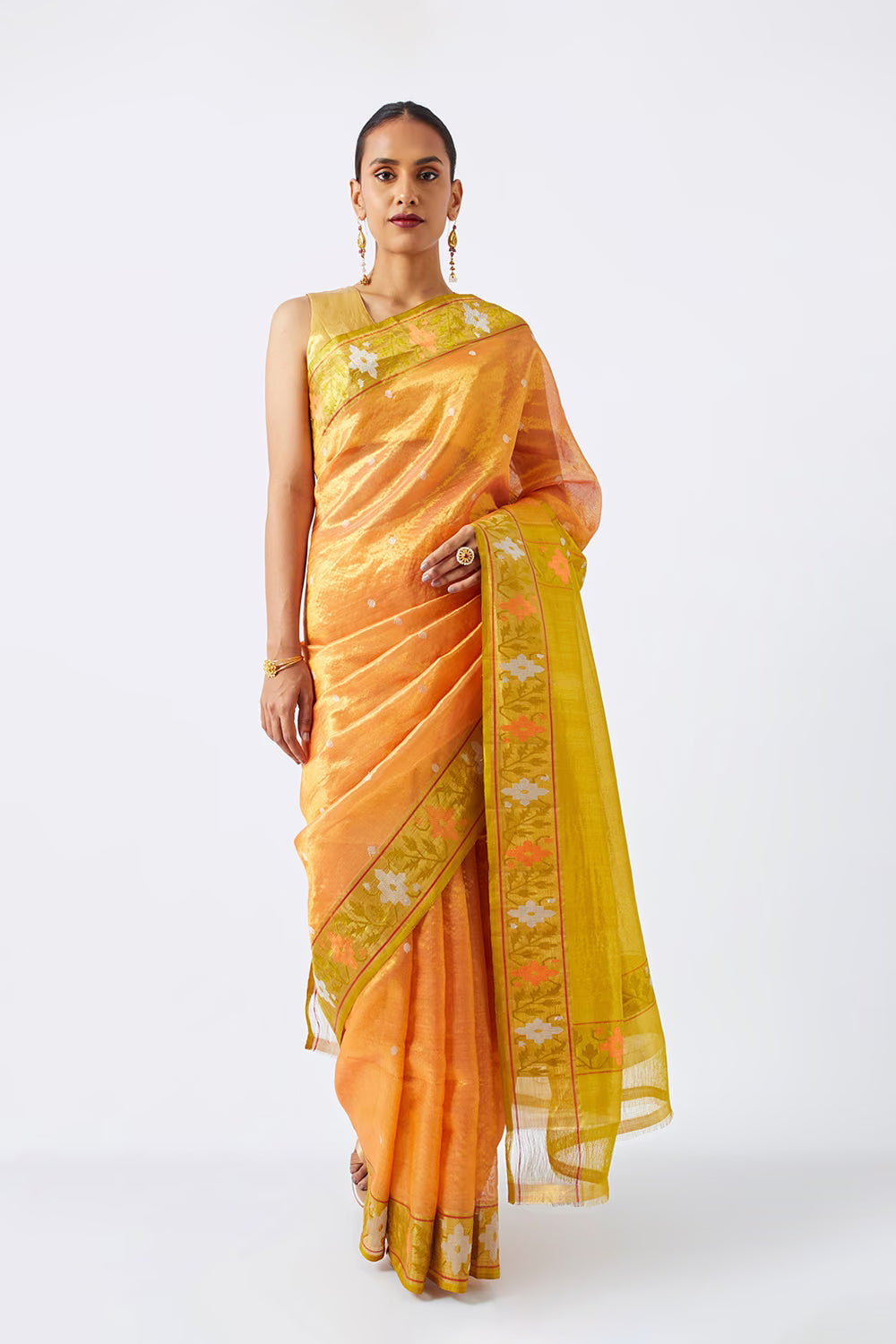 (Sample) Light Orange Pure Organza Tissue Kanjivaram Saree with Unstitched Blouse Piece