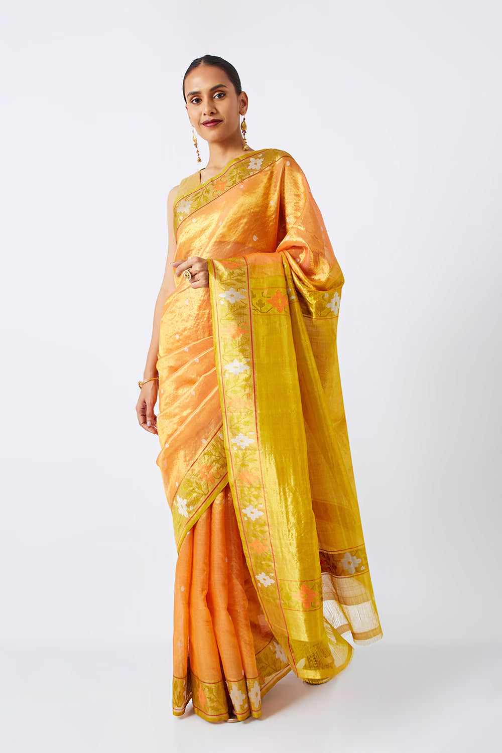 (Sample) Light Orange Pure Organza Tissue Kanjivaram Saree with Unstitched Blouse Piece