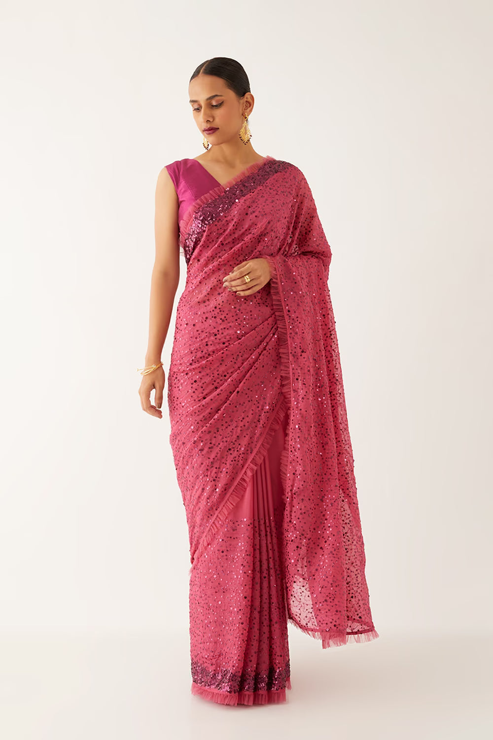 (Sample) Pink Organza Viscose Embroidered Saree with Unstitched Blouse Piece