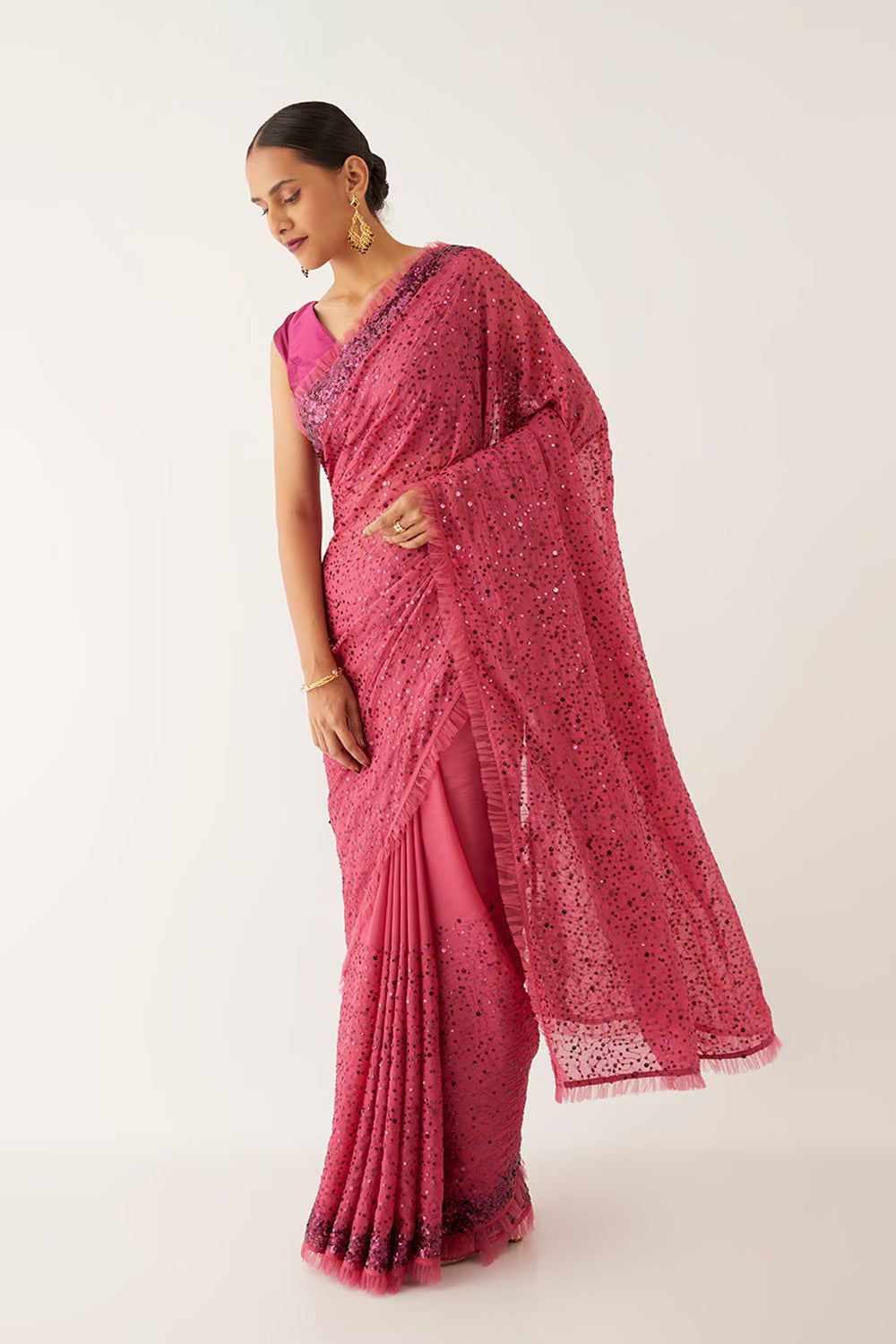 (Sample) Pink Organza Viscose Embroidered Saree with Unstitched Blouse Piece