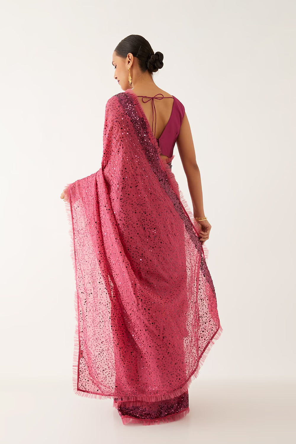 (Sample) Pink Organza Viscose Embroidered Saree with Unstitched Blouse Piece