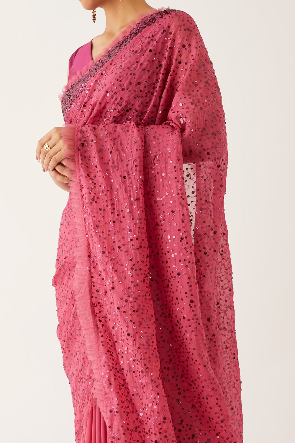 (Sample) Pink Organza Viscose Embroidered Saree with Unstitched Blouse Piece