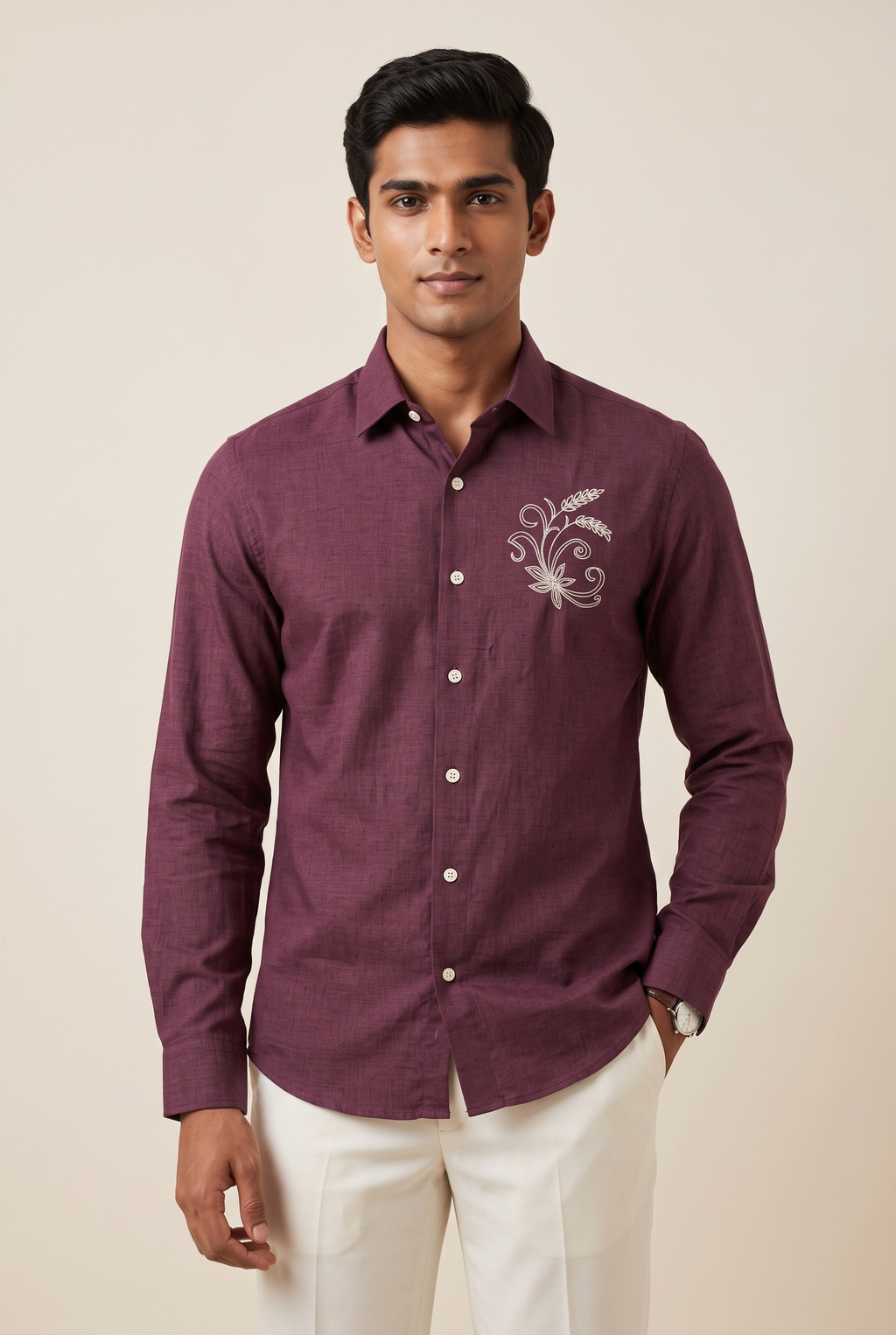 Deep Maroon Textured Cotton-Linen Blend Shirt