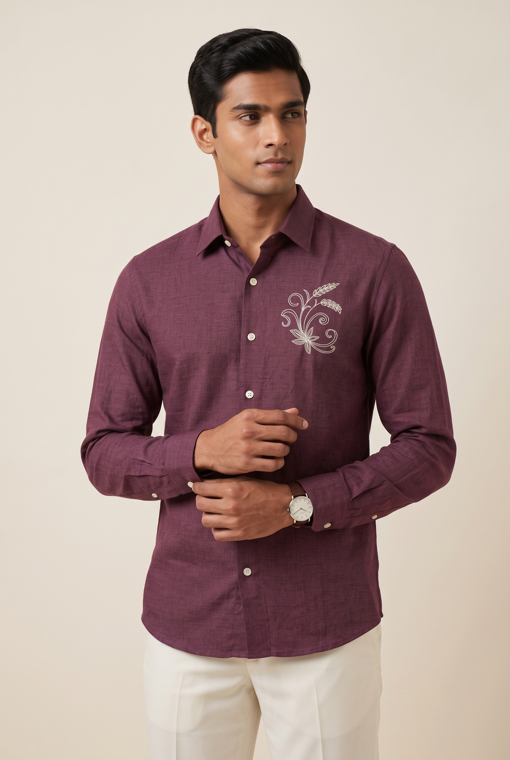 Deep Maroon Textured Cotton-Linen Blend Shirt